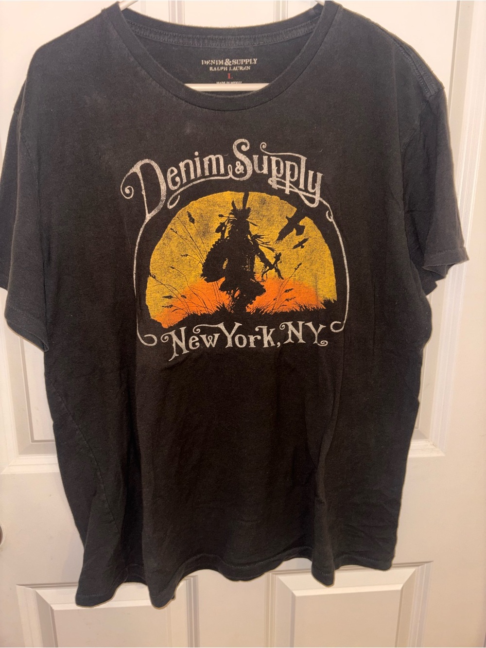 Denim & Supply Ralph Lauren Black Graphic Tee with Yellow-Orange Sunset